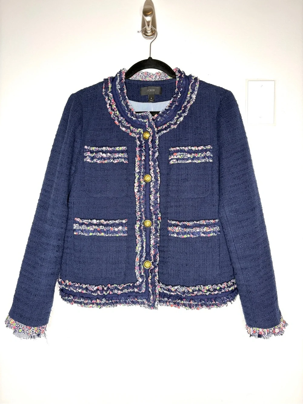 J. Crew Lady Jacket In Navy Blue Tweed Button Down Floral Ruffle Trim Size 12